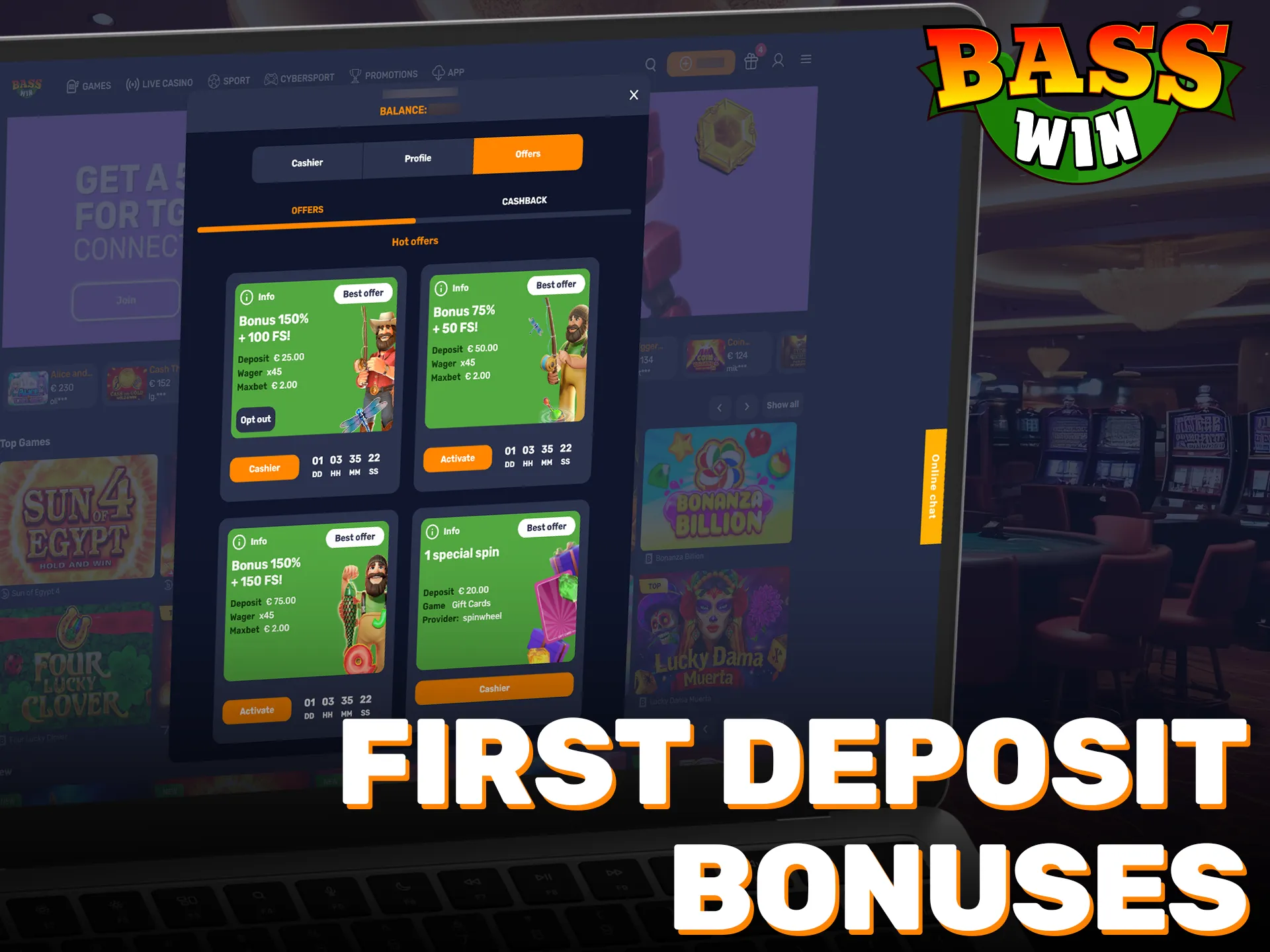 Claim a generous welcome bonus on the Basswin payments site.