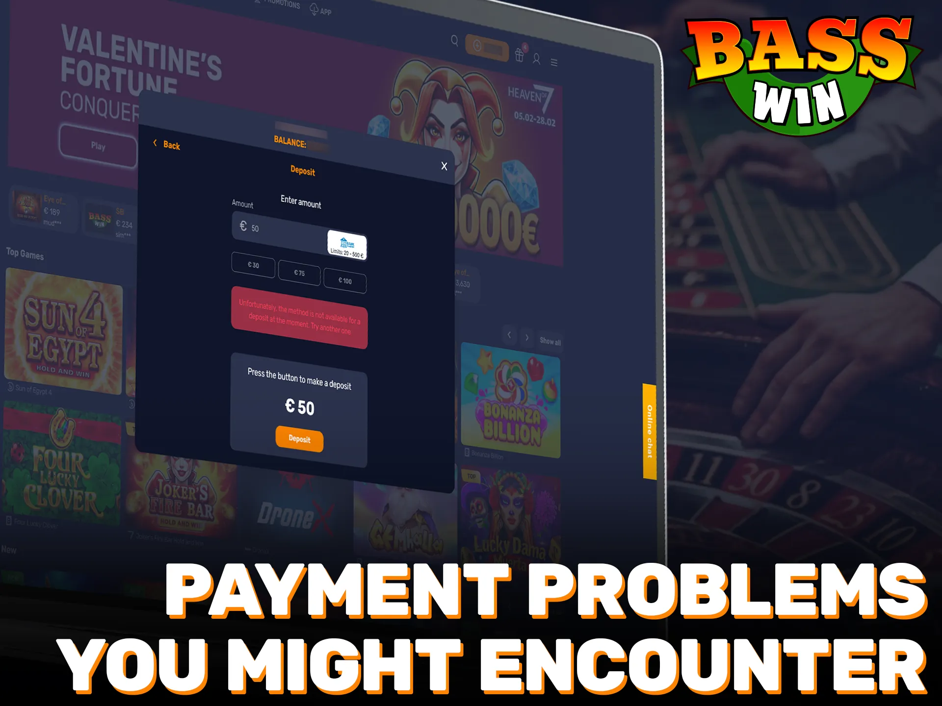 Resolve any transaction issues quickly on the Basswin payments page.