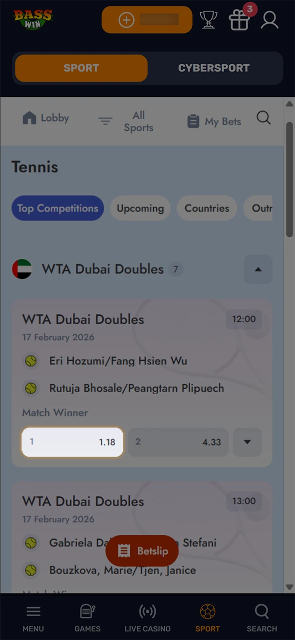 Choose a tennis betting market and select your Basswin price.