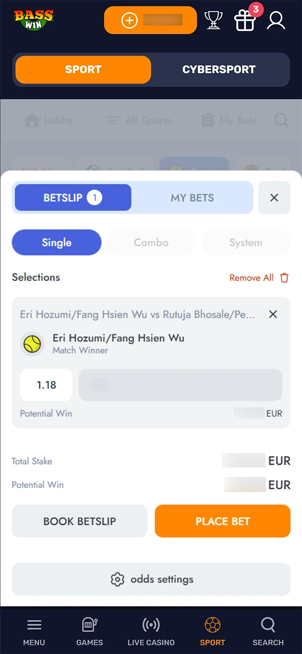 Enter your stake in the slip for Basswin tennis betting.
