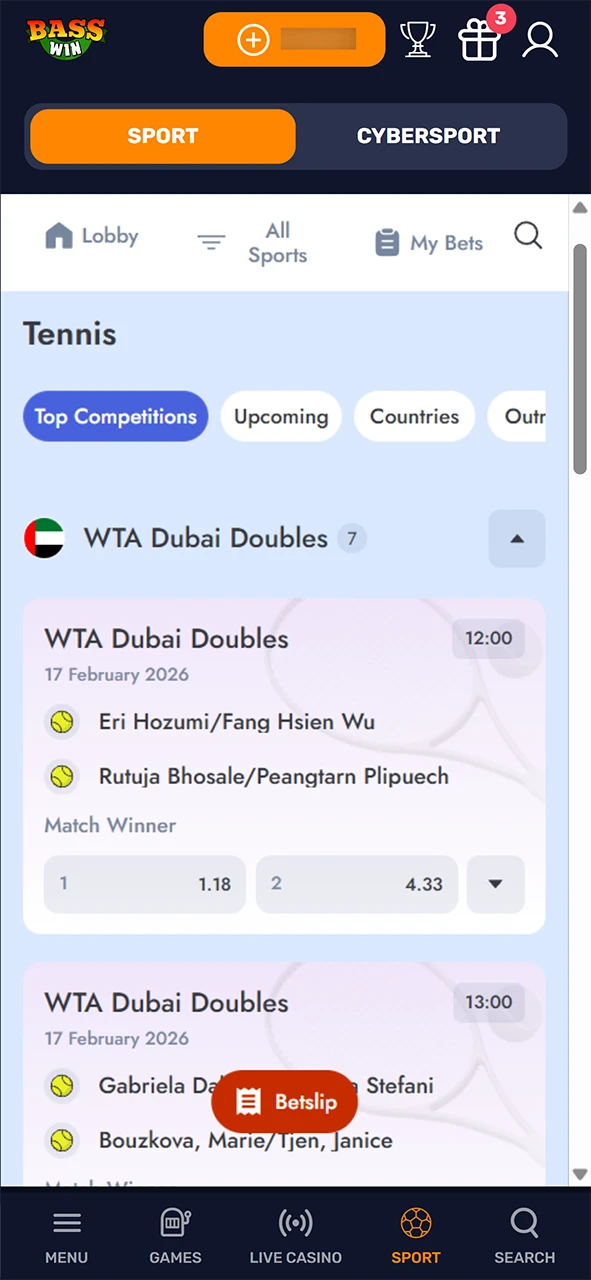 Open tennis events and use search for Basswin tennis betting.