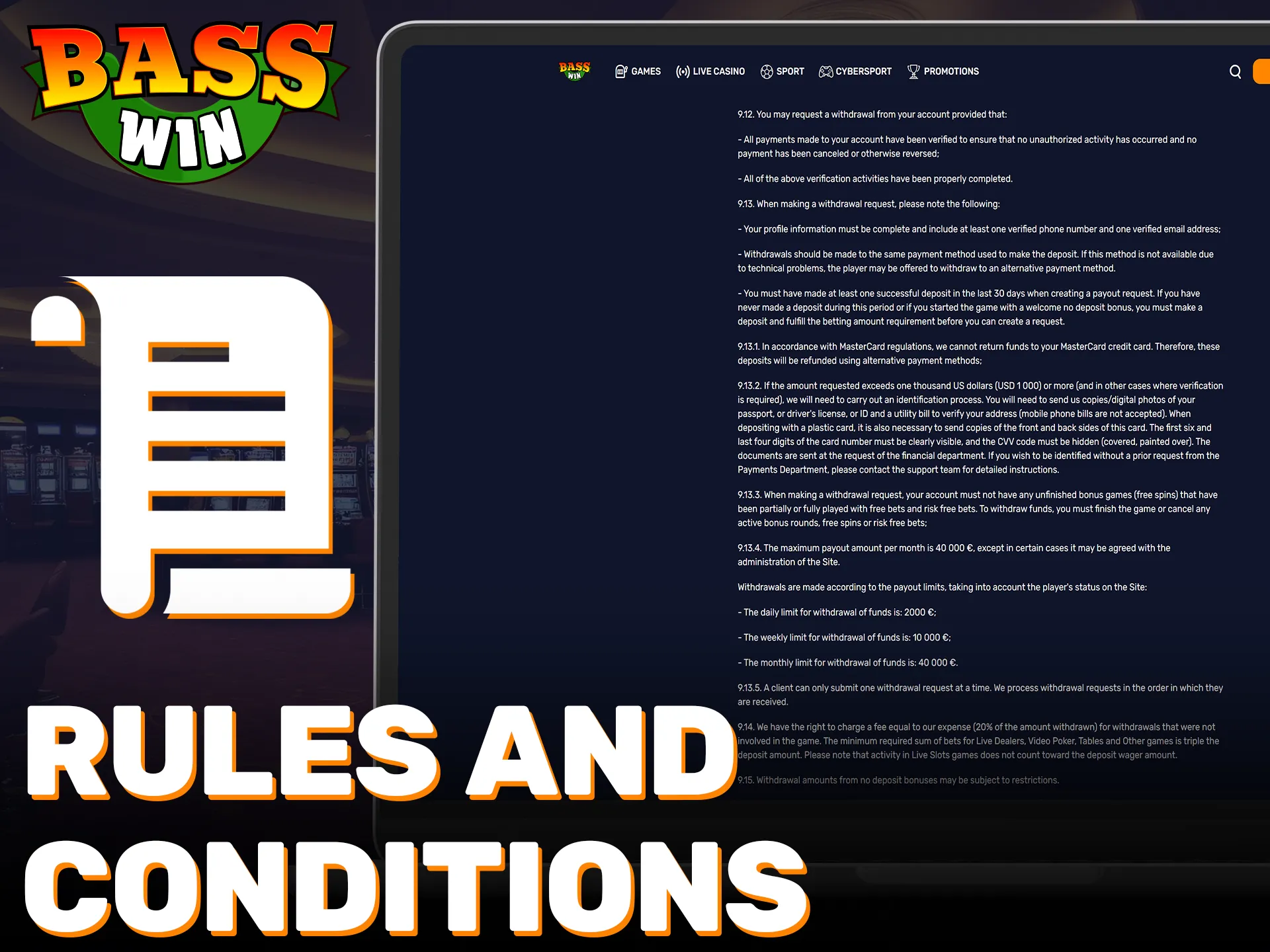 Read the payout terms and conditions on the Basswin withdrawal page.