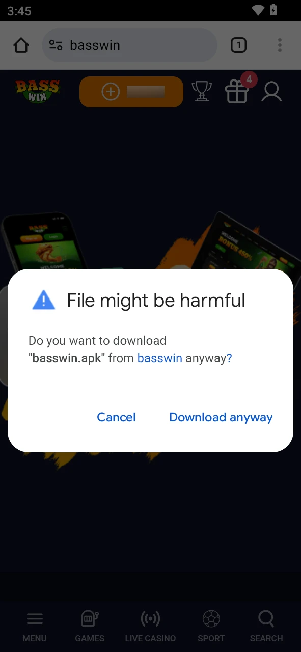 Tap allow in the pop-up to get the Basswin app on Android.