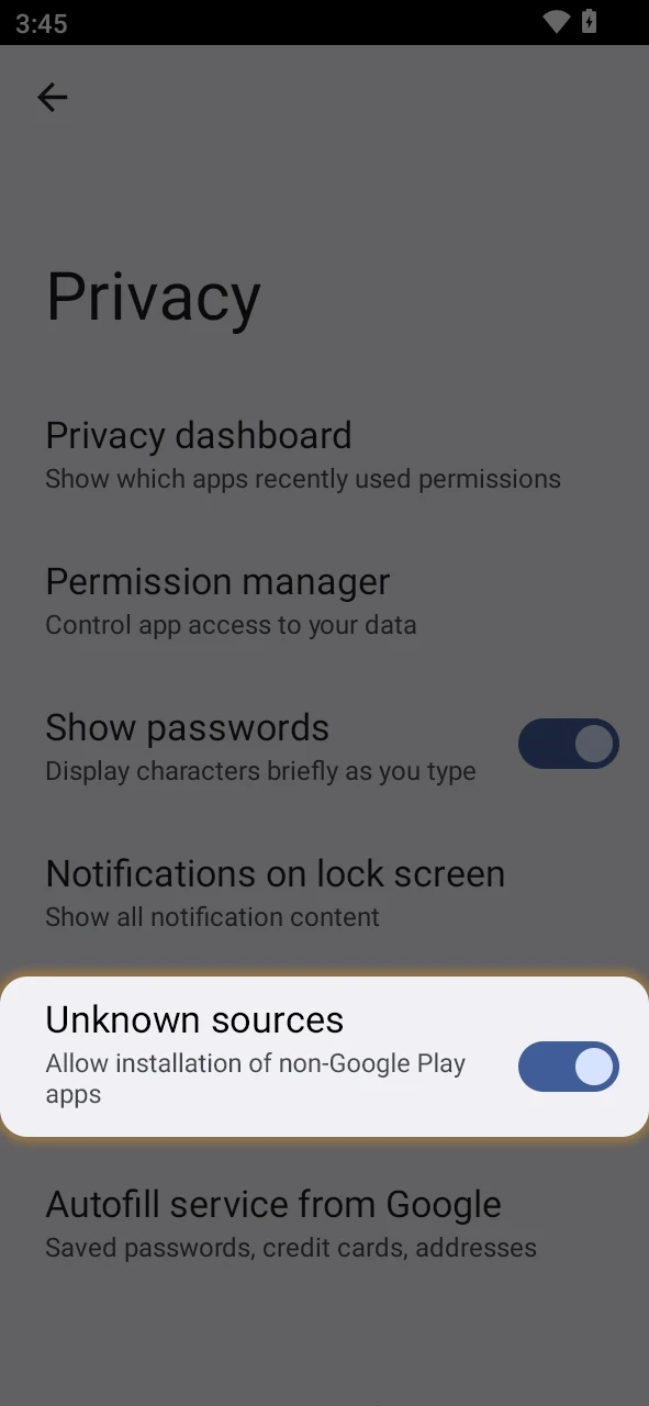 Enable unknown sources to install the Basswin app on Android.