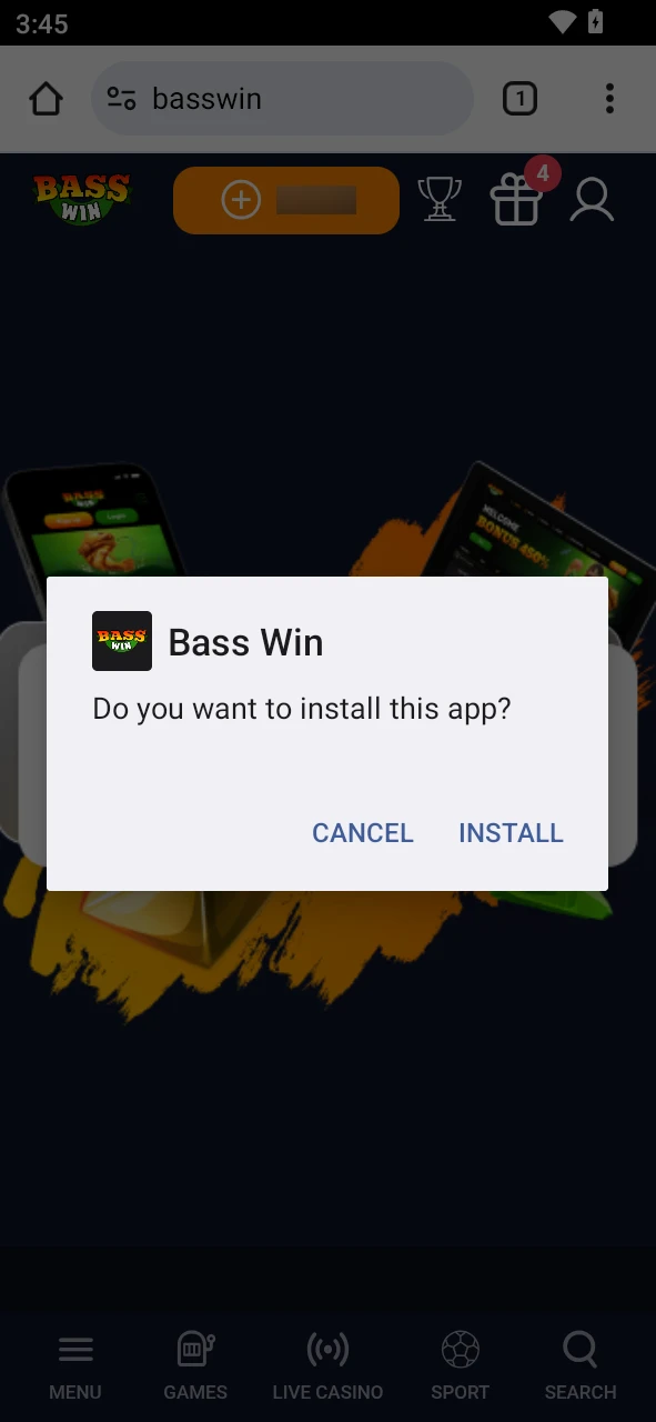 Complete the installation process of the Basswin app on Android.