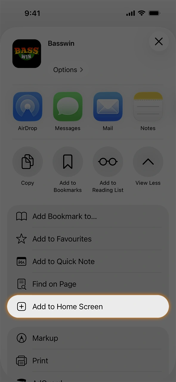 Choose add to home screen for the Basswin app on iOS.