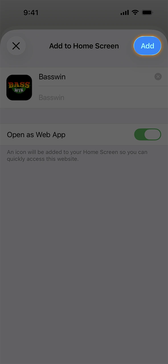 Press add to finish setting up the Basswin app on iOS.