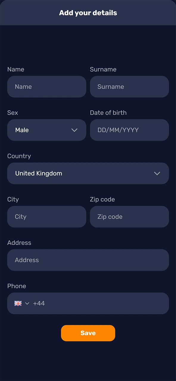 Fill in your personal details for registration in the Basswin app.