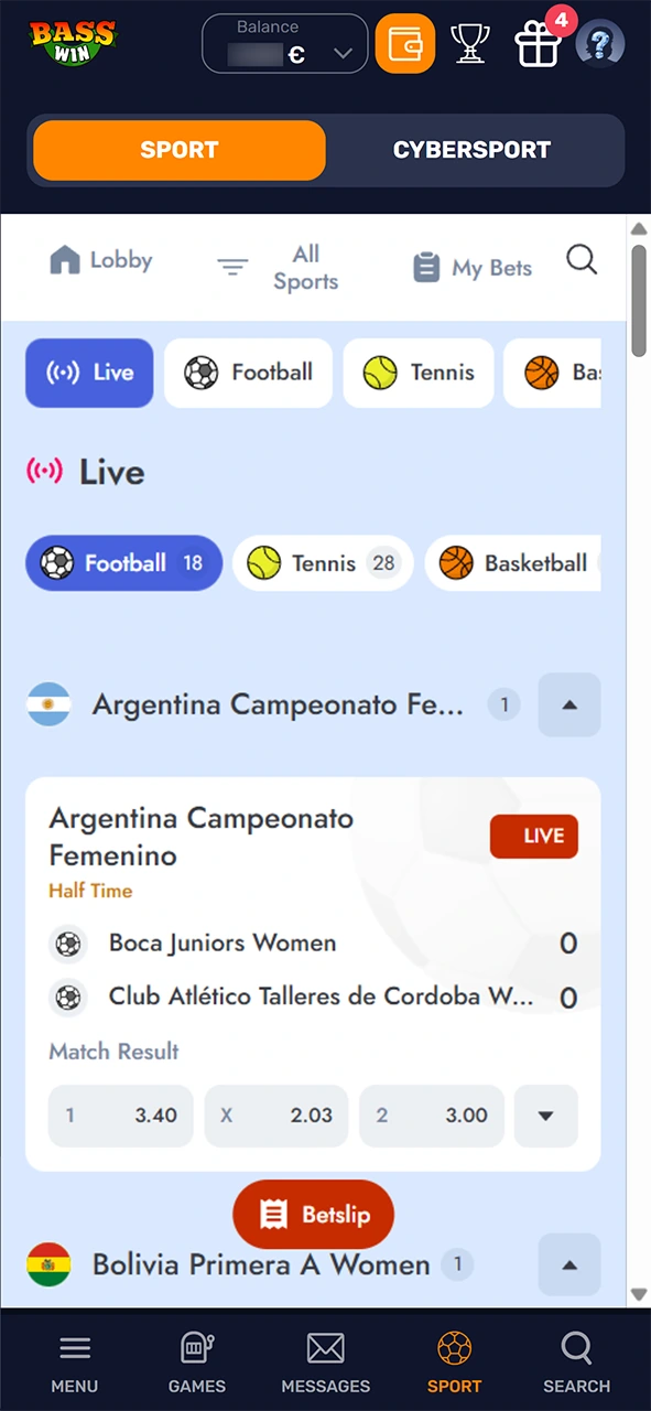 Pick a match for sports betting in the Basswin app.