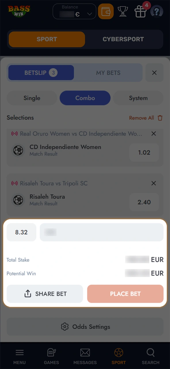 Place your stake to confirm betting in the Basswin app.