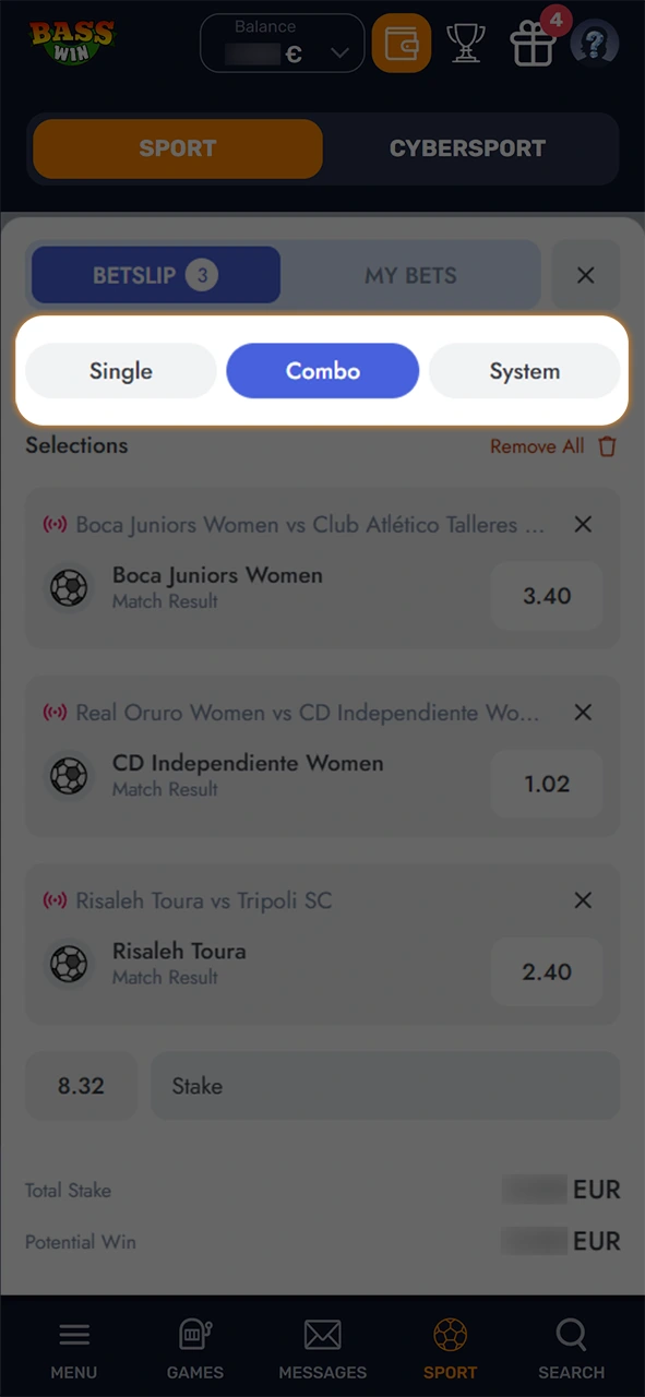Select your preferred betting option in the Basswin app.