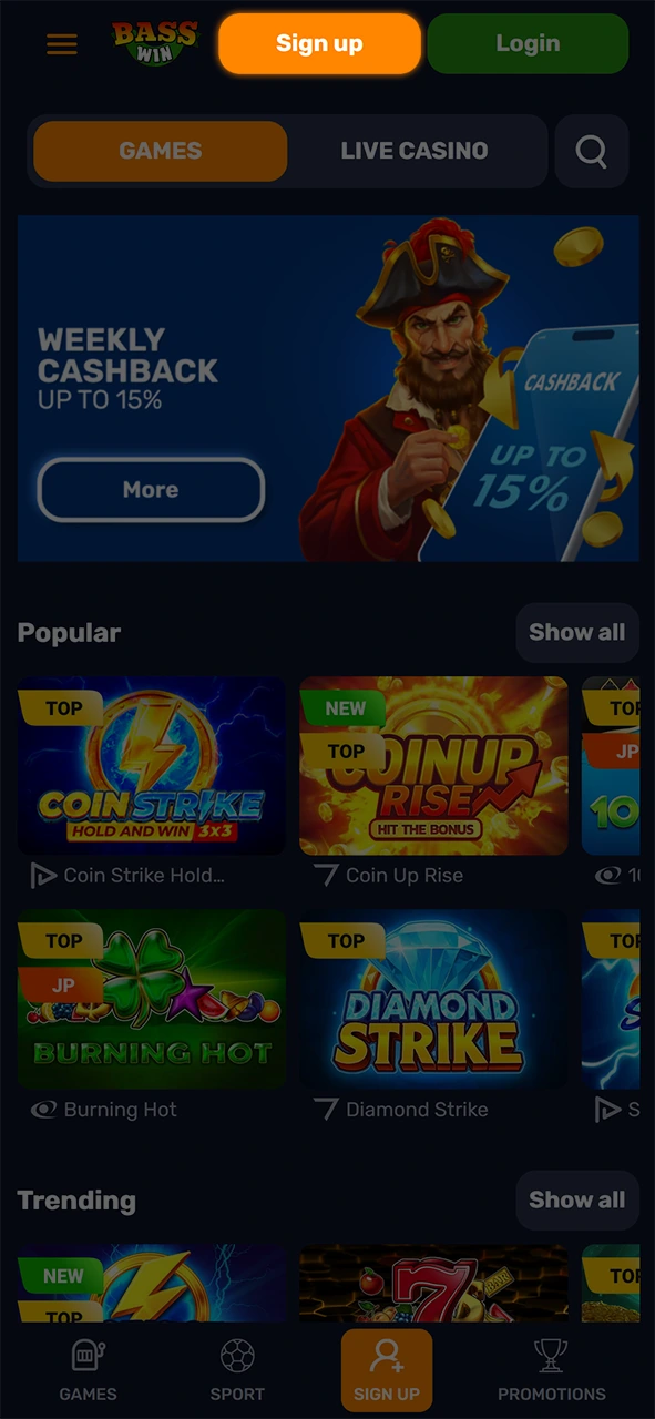 Tap to register and place your first bet at Basswin.