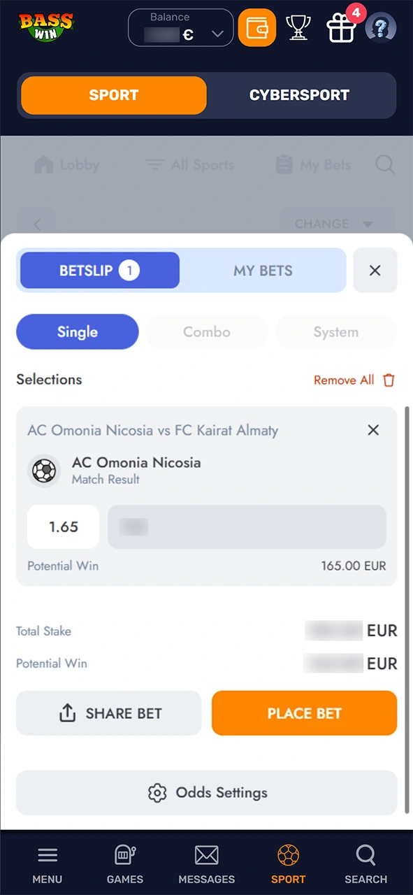 Set the stake for your bet at Basswin and win.