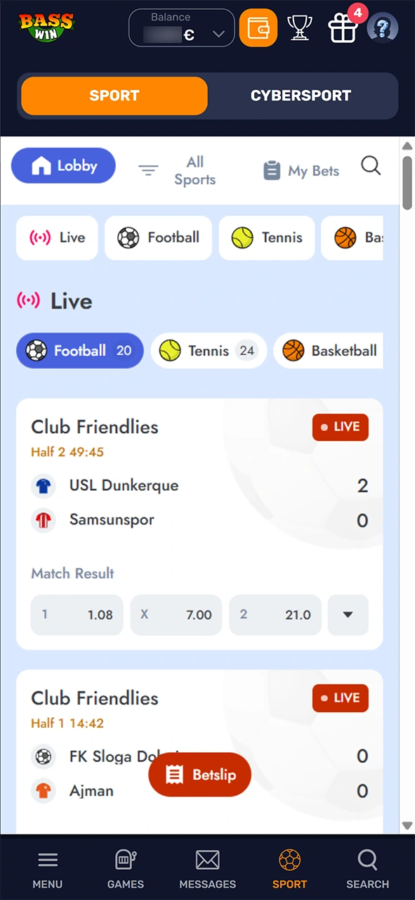 Open the sports section to place a winning Basswin bet.