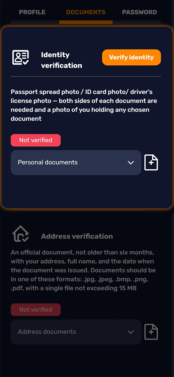Upload necessary documents for verification to finalize your Basswin setup.