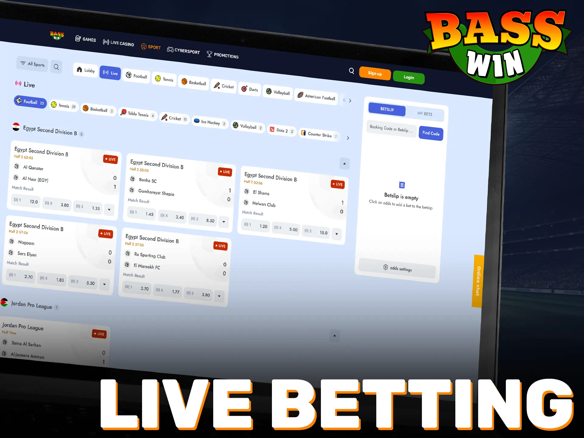 Place live bets on your favorite sports matches at Basswin.