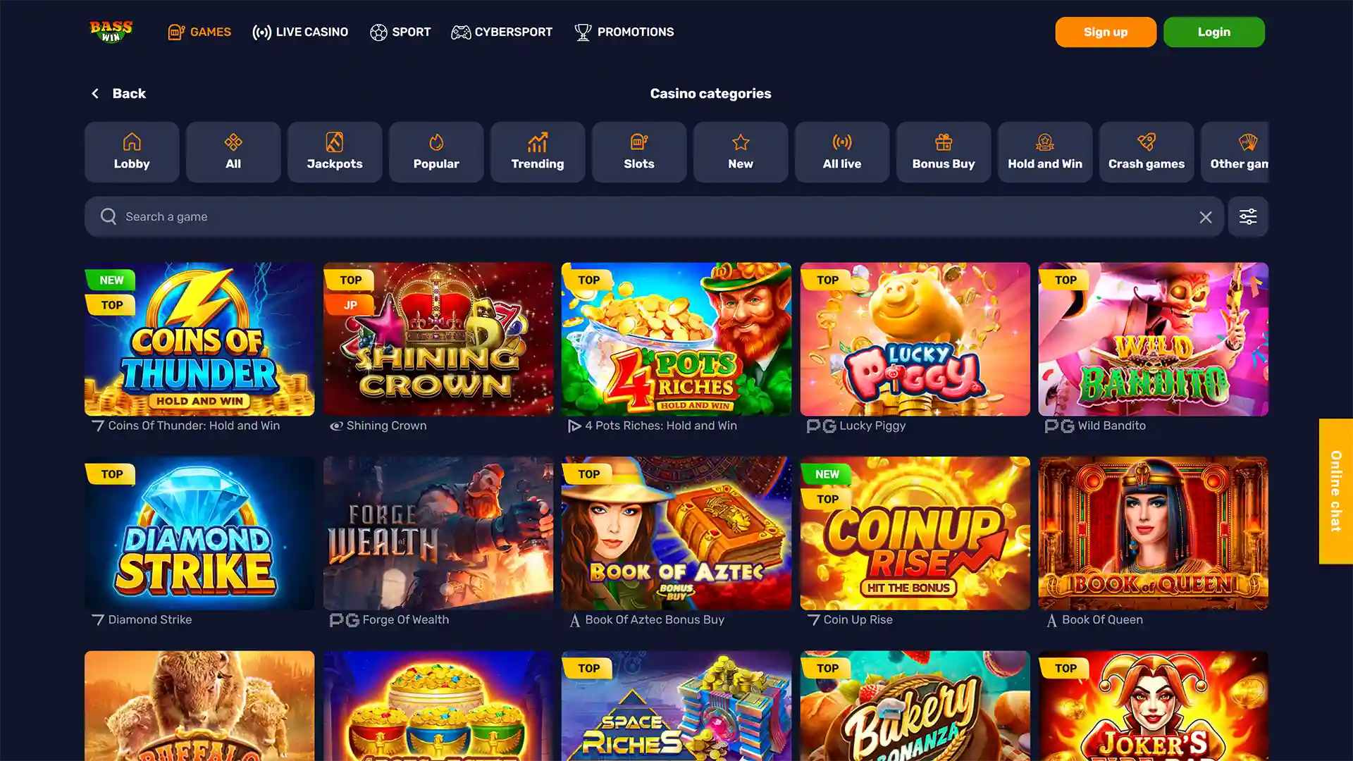 Discover the casino interface at Basswin and spin your favorite slots.