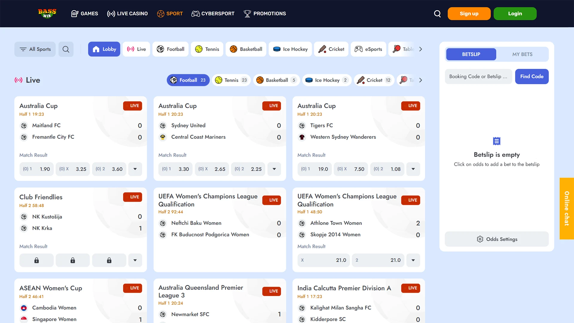 Navigate the sports interface at Basswin and place your winning wagers.