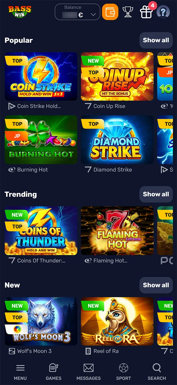 Play thrilling games with your bonus after finishing the Basswin registration.