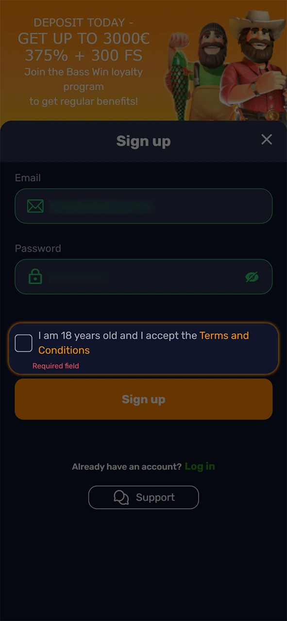 Agree to the terms to create an account via Basswin registration.