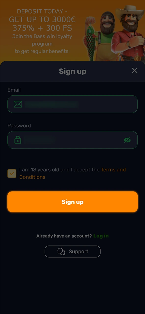 Finish the setup of your account to complete the Basswin registration.
