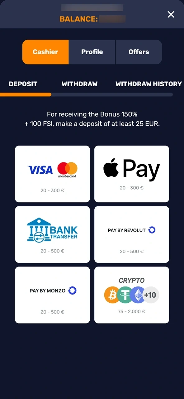 Fund your new account right after finishing the Basswin registration process.